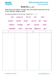 Worksheets for kids - words-for-+-x-